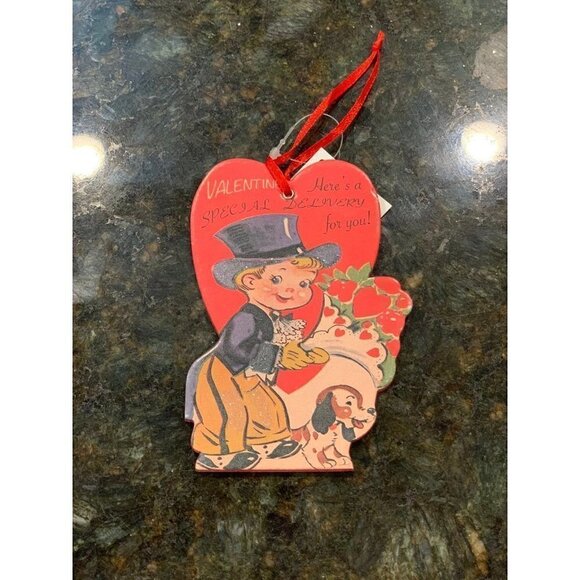 Valentines Day Boy Top Hat Puppy Card Ornament Vintage Inspired Retro Holiday - Picture 2 of 3